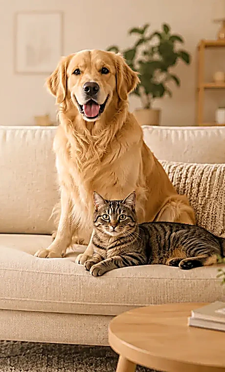 Chien et chat près d'un canapé